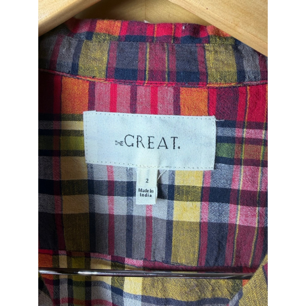 The Great The Cottage Plaid Button Down Shirt Size 2 Boxy Cropped Cotton Linen - Picture 5 of 7
